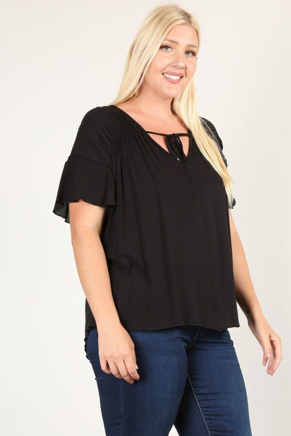 Plus Size Solid Top With A Necktie, Pleated Detail, And Flutter Sleeves Tops