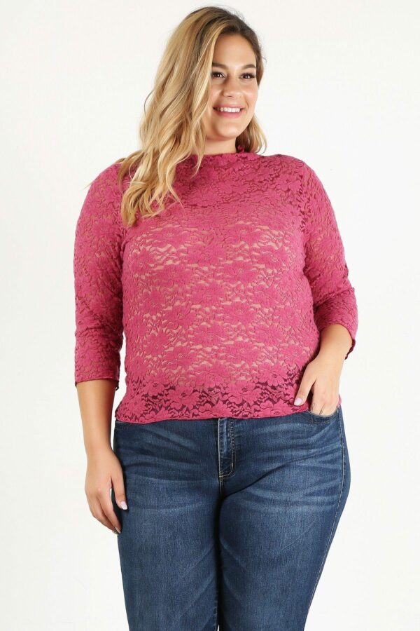 Plus Size Sheer Lace Fitted Top Tops