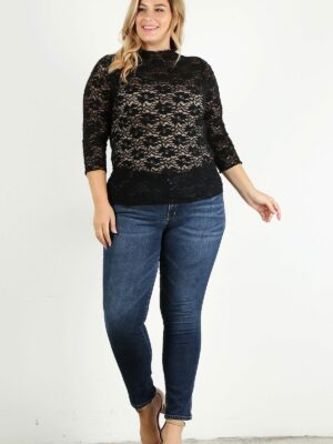 Plus Size Sheer Lace Fitted Top Tops