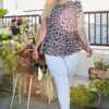 Plus Size Round Neck Back Button Leopard Print Top Tops