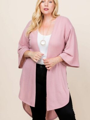 Plus Size Solid Hacci Brush Open Front Long Cardigan With Bell Sleeves Tops