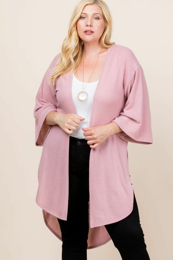 Plus Size Solid Hacci Brush Open Front Long Cardigan With Bell Sleeves Tops