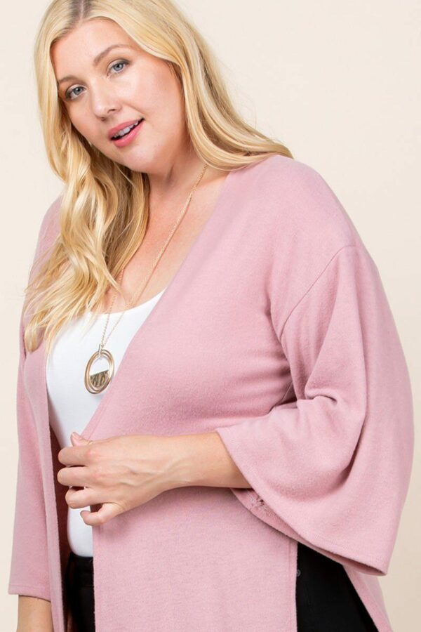 Plus Size Solid Hacci Brush Open Front Long Cardigan With Bell Sleeves Tops