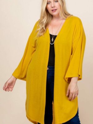 Plus Size Solid Hacci Brush Open Front Long Cardigan With Bell Sleeves Tops