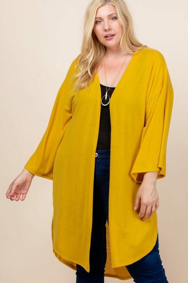 Plus Size Solid Hacci Brush Open Front Long Cardigan With Bell Sleeves Tops