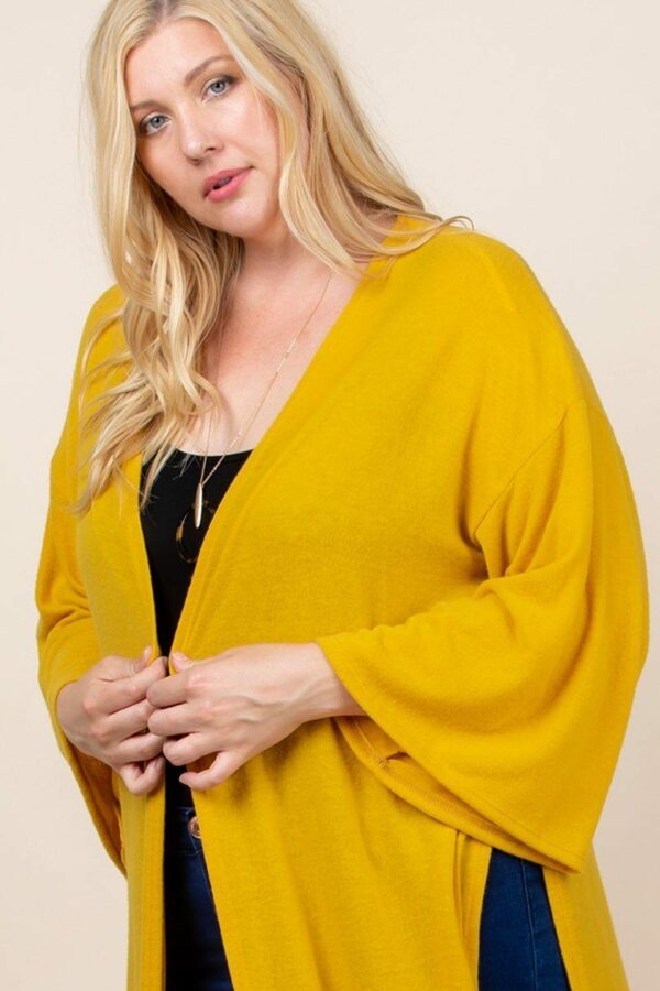 Plus Size Solid Hacci Brush Open Front Long Cardigan With Bell Sleeves Tops