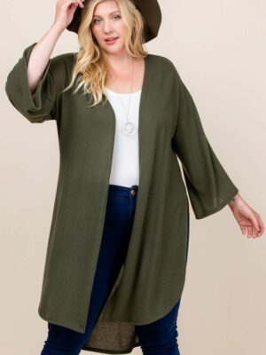 Plus Size Solid Hacci Brush Open Front Long Cardigan With Bell Sleeves Tops