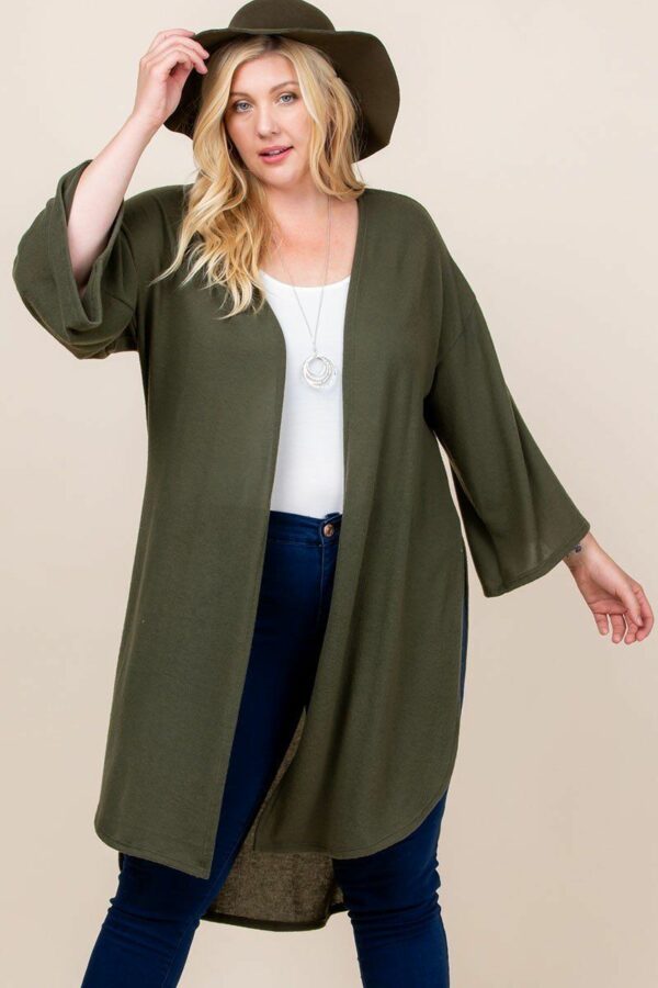 Plus Size Solid Hacci Brush Open Front Long Cardigan With Bell Sleeves Tops