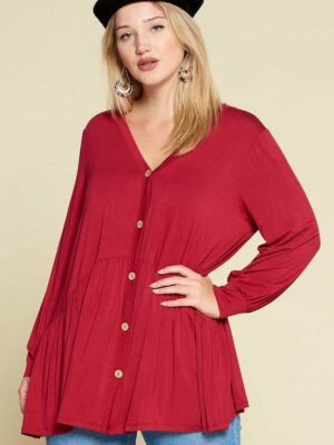 Plus Size Solid Heavy Rayon Modal Jersey Faux Button Up Tops