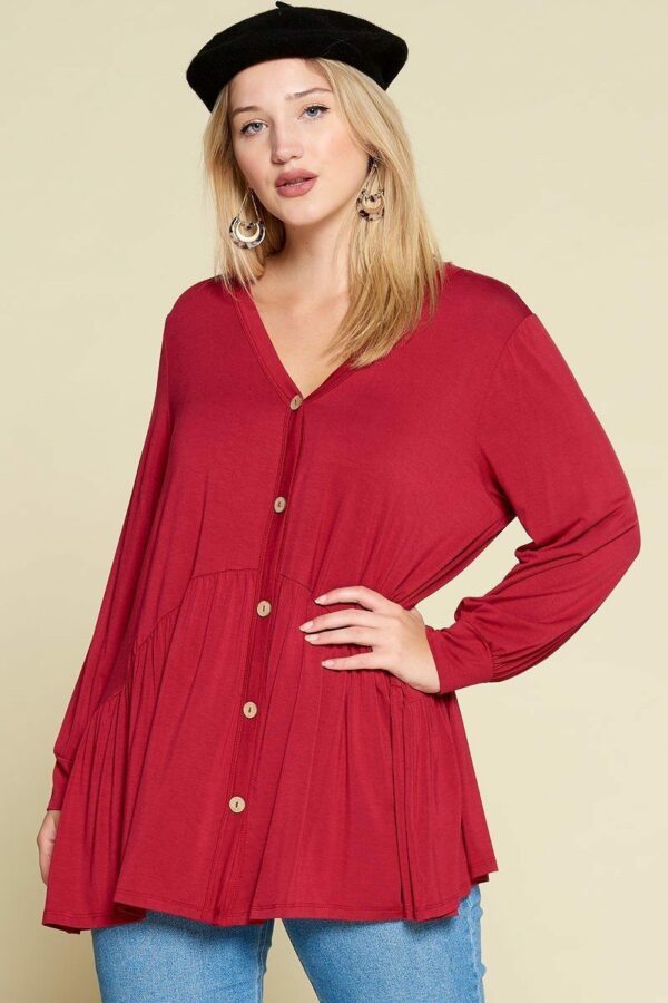 Plus Size Solid Heavy Rayon Modal Jersey Faux Button Up Tops