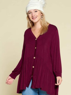 Plus Size Solid Heavy Rayon Modal Jersey Faux Button Up Tops