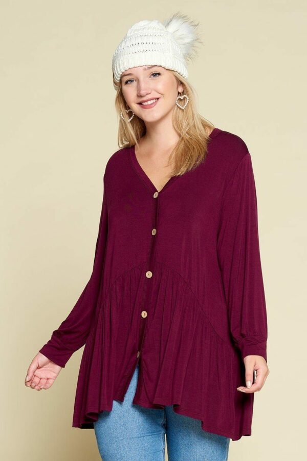 Plus Size Solid Heavy Rayon Modal Jersey Faux Button Up Tops