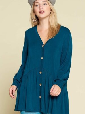 Plus Size Solid Heavy Rayon Modal Jersey Faux Button Up Tops