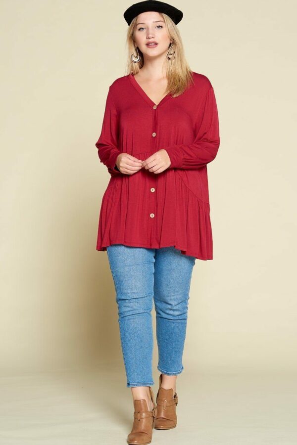 Plus Size Solid Heavy Rayon Modal Jersey Faux Button Up Tops