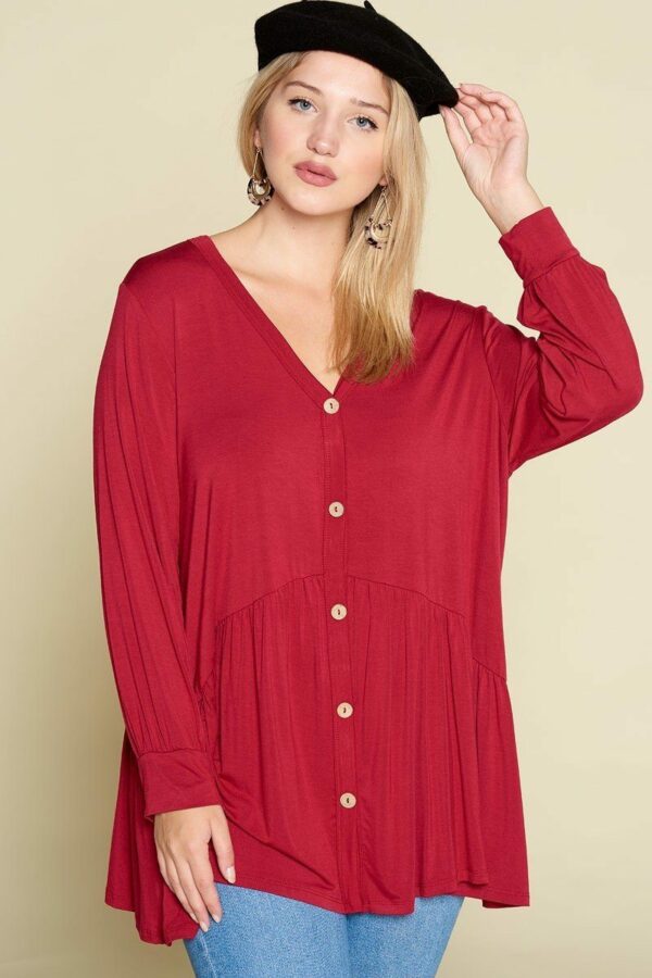 Plus Size Solid Heavy Rayon Modal Jersey Faux Button Up Tops