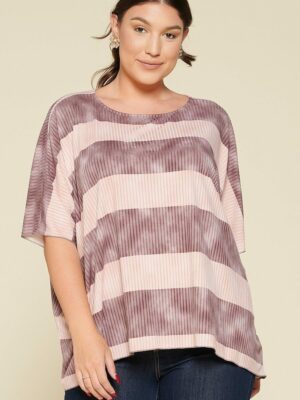 Stripe Printed Pleated Blouse Featuring A Boat Neckline And 1/2 Sleeves Tops