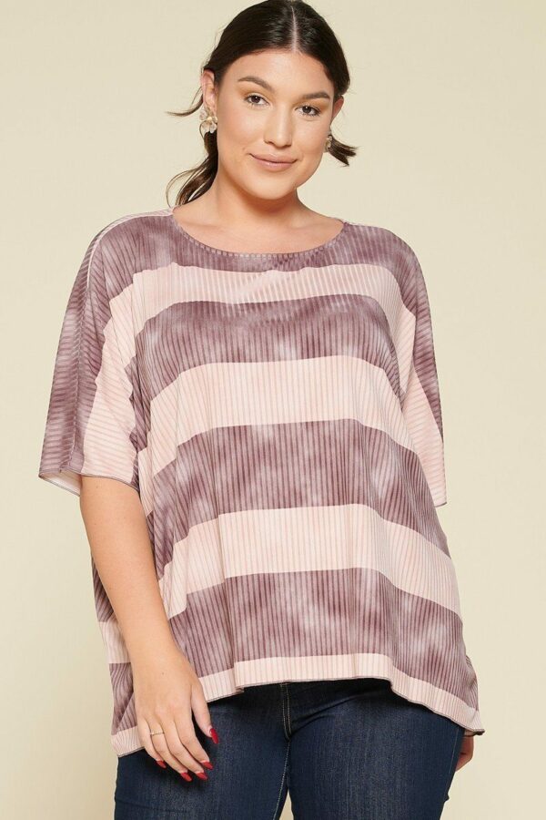 Stripe Printed Pleated Blouse Featuring A Boat Neckline And 1/2 Sleeves Tops