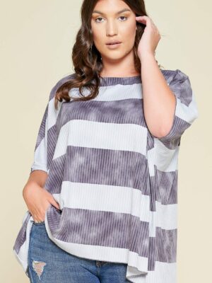 Stripe Printed Pleated Blouse Featuring A Boat Neckline And 1/2 Sleeves Tops