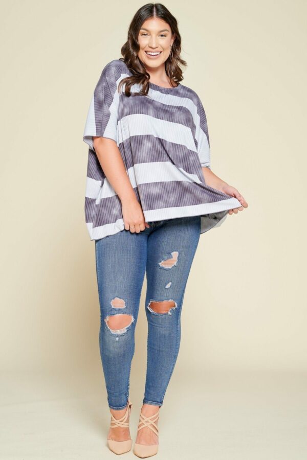 Stripe Printed Pleated Blouse Featuring A Boat Neckline And 1/2 Sleeves Tops