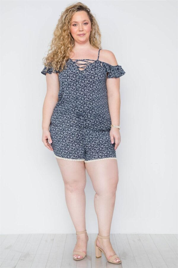 Plus Size Navy Floral Print Lace Up Romper Rompers