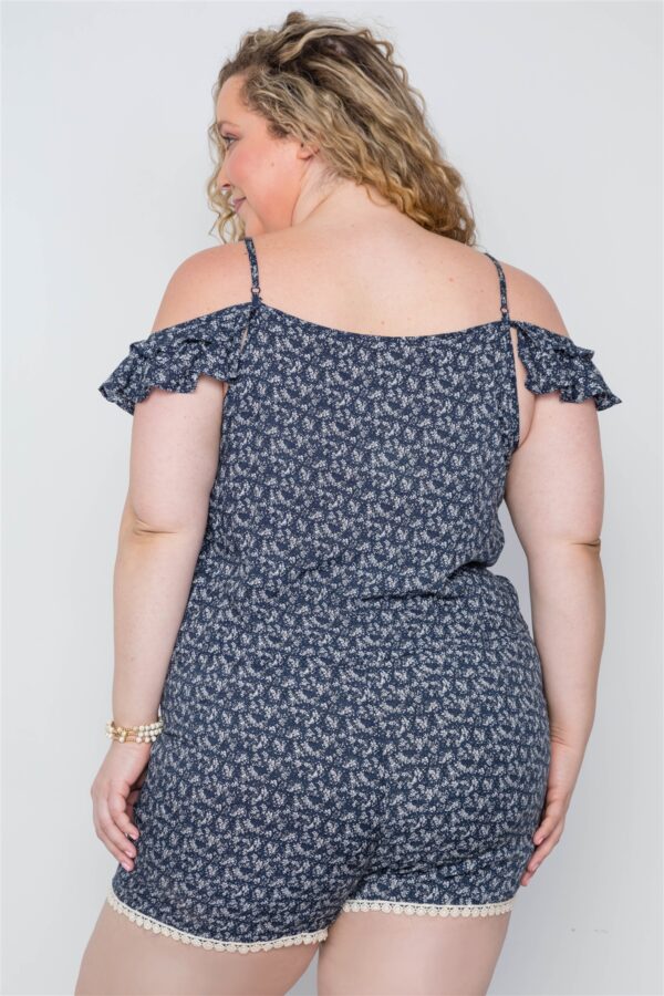 Plus Size Navy Floral Print Lace Up Romper Rompers