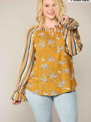 Print Mixed Peasant Smocked Top Tops