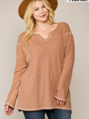 Two-tone Ribbed Tunic Top With Side Slits Tops