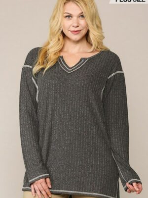 Two-tone Ribbed Tunic Top With Side Slits Tops