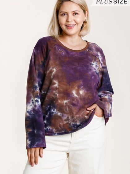 French Terry Tie-dye Raglan Long Sleeve Top With Raw Hem