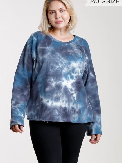 French Terry Tie-dye Raglan Long Sleeve Top With Raw Hem