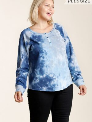 Tie-dye Button Front Long Raglan Sleeve Top With Raw Hem outerwear