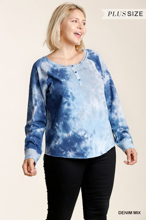 Tie-dye Button Front Long Raglan Sleeve Top With Raw Hem outerwear