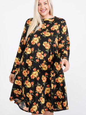 Floral Mock Neck Hidden Pocket Round Hem Midi Dress Dresses