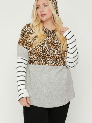 Plus Size Color Block Hoodie Featuring A Cheetah Print Tops