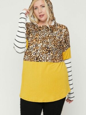 Plus Size Color Block Hoodie Featuring A Cheetah Print Tops