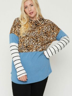 Plus Size Color Block Hoodie Featuring A Cheetah Print Tops