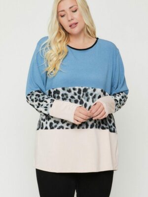 Plus Size Color Block Top Featuring A Leopard Print Top Tops