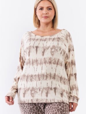 Plus Ivory Acid Wash Print Bateau Neck Relaxed Fit Long Sleeve Top Tops