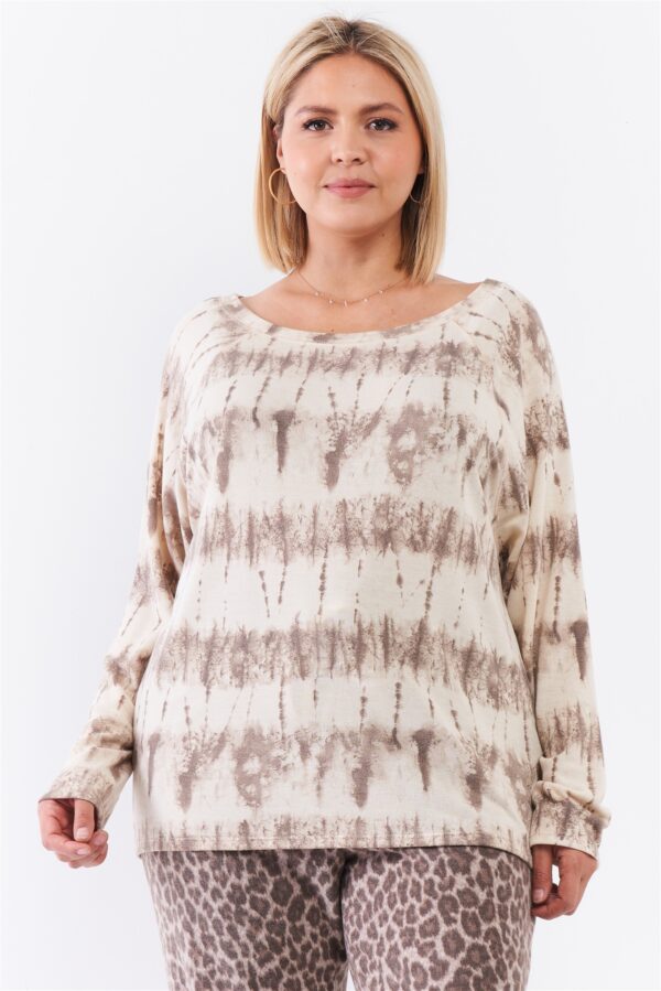 Plus Ivory Acid Wash Print Bateau Neck Relaxed Fit Long Sleeve Top Tops