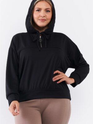 Plus Black Oversize High Neck Zip-up Detail Draw String Tie Hoodie Sweatshirt Tops