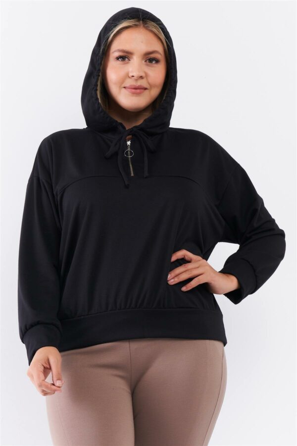 Plus Black Oversize High Neck Zip-up Detail Draw String Tie Hoodie Sweatshirt Tops