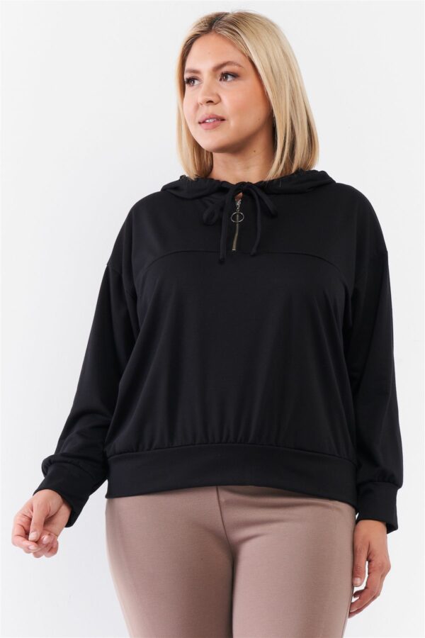 Plus Black Oversize High Neck Zip-up Detail Draw String Tie Hoodie Sweatshirt Tops