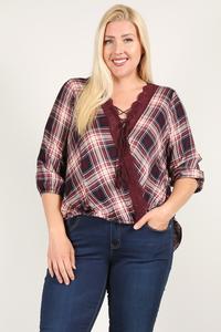 Plaid 3/4 Sleeve Top With Hi-lo Hem, V-neckline, And Relaxed Fit Tops