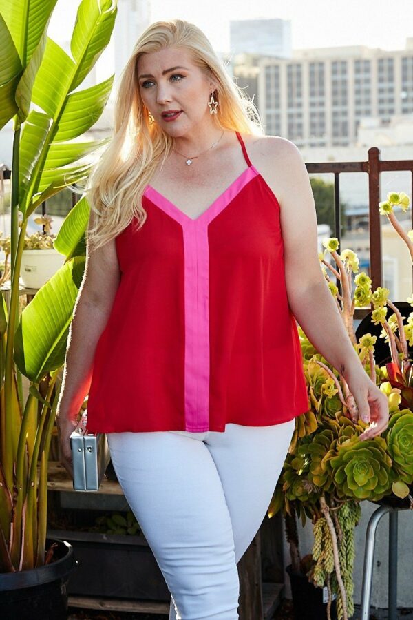 Plus Size Sleeveless V Neck Back Button Color Block Cami Top Tops