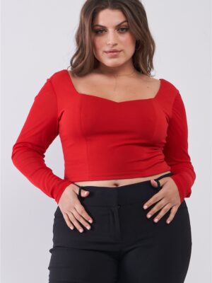 Plus Size Crimson Red Long Mesh Sleeve Sweetheart Neck Detail Structured Cro… Tops