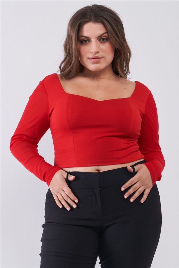 Plus Size Crimson Red Long Mesh Sleeve Sweetheart Neck Detail Structured Cro… Tops