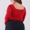 Plus Size Crimson Red Long Mesh Sleeve Sweetheart Neck Detail Structured Cro… Tops