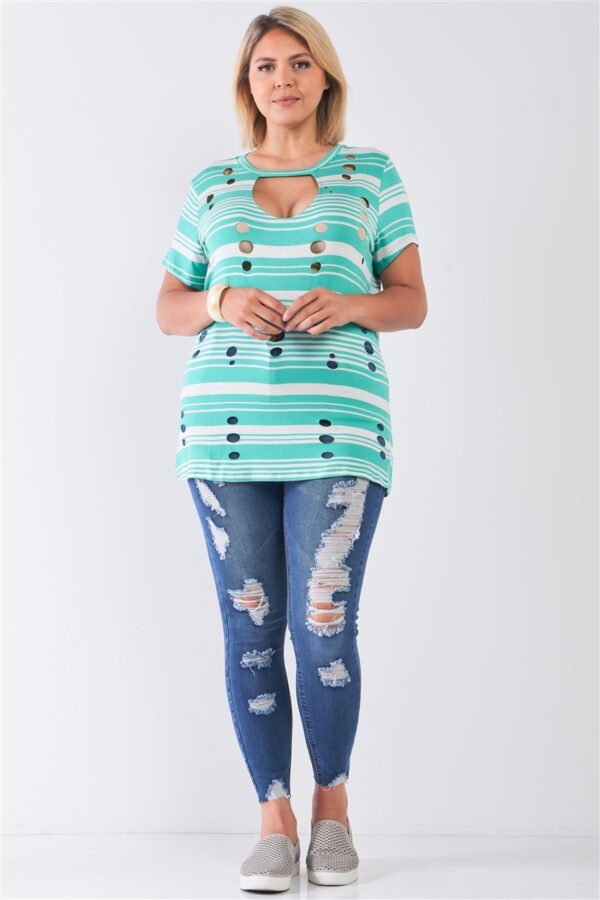 Plus Striped And Distressed Cut-out Top Tops