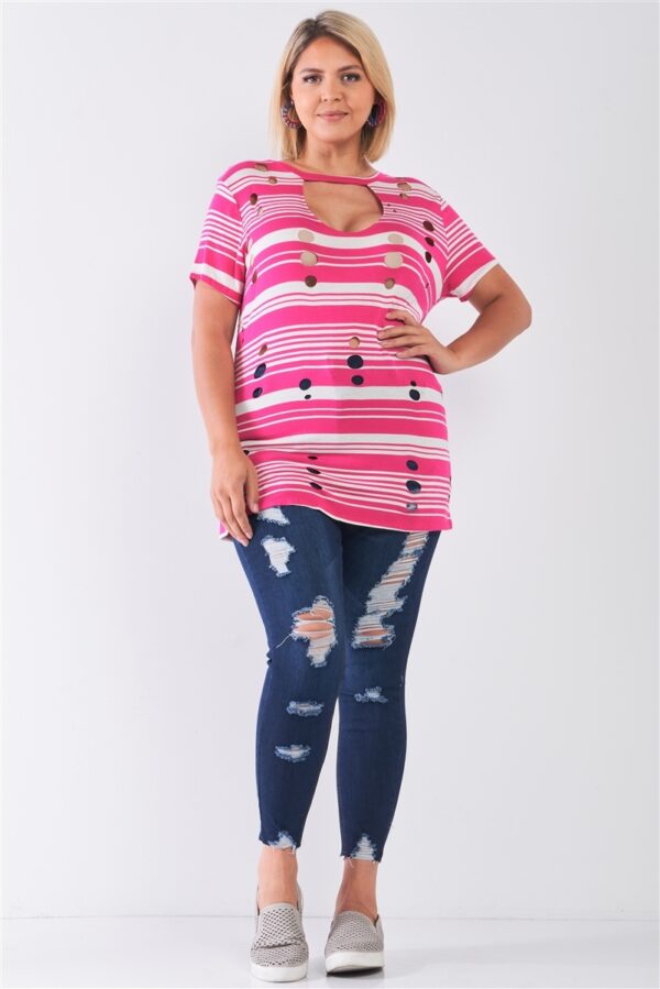 Plus Striped And Distressed Cut-out Top Tops