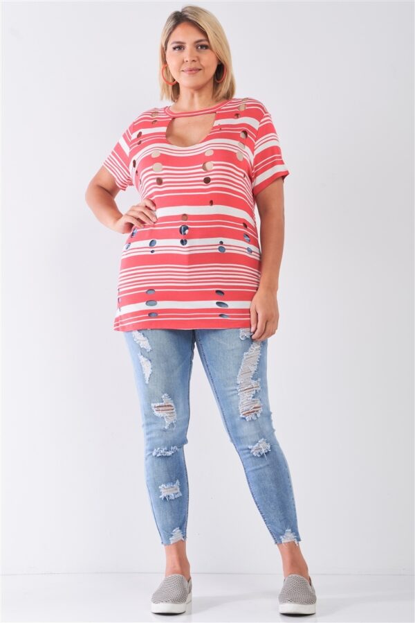 Plus Striped And Distressed Cut-out Top Tops